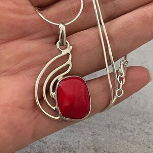 Artisan Crafted Red Coral Abstract Sterling Silver Pendant Necklace with Chain